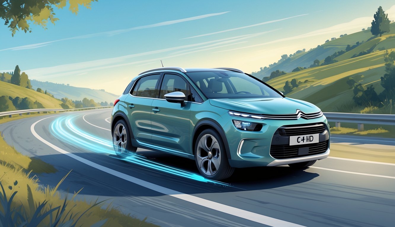 Automobil Citroën C4 1.6 HDi u vožnji na zavojitoj cesti kroz prirodni krajolik s naglaskom na ovjes i osjećaj udobnosti tijekom vožnje.