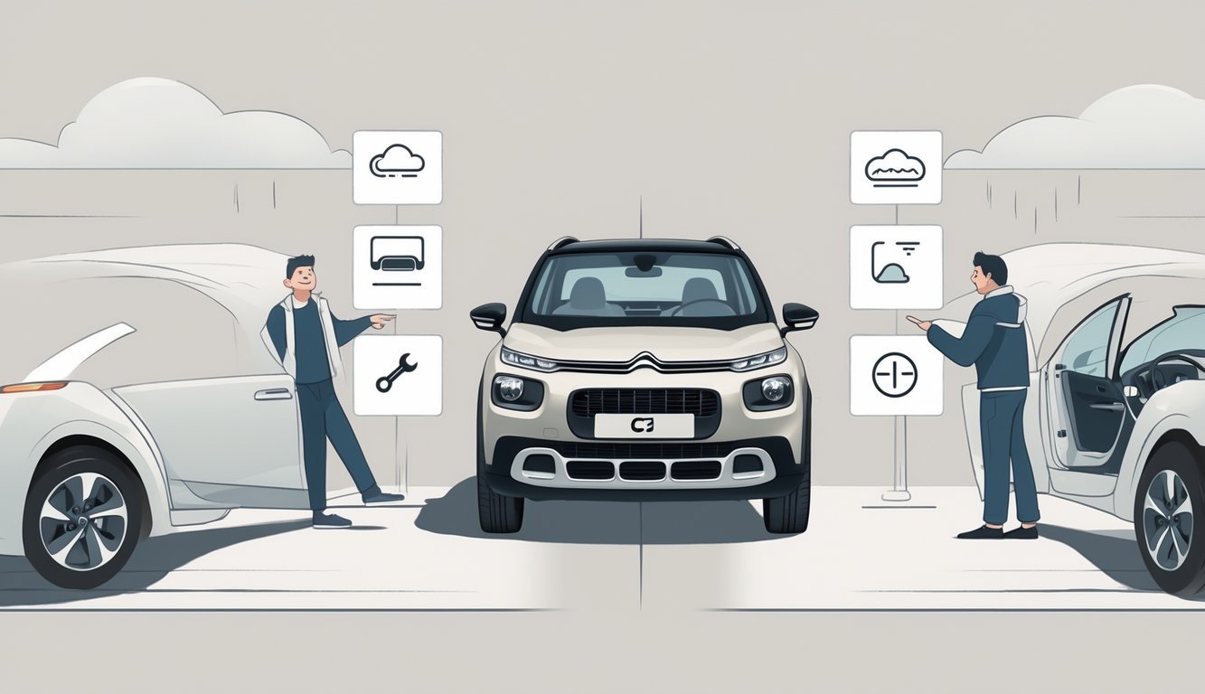 Prikaz Citroëna C3 Pluriel s vozačem koji uživa u vožnji na jednoj strani i prikazom manjih problema na drugoj strani.