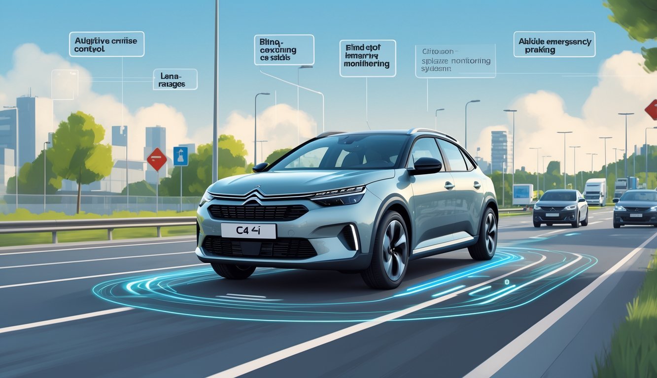Automobil Citroën C4 1.6 HDi na cesti s prikazom sustava sigurnosti i pomoći vozaču.