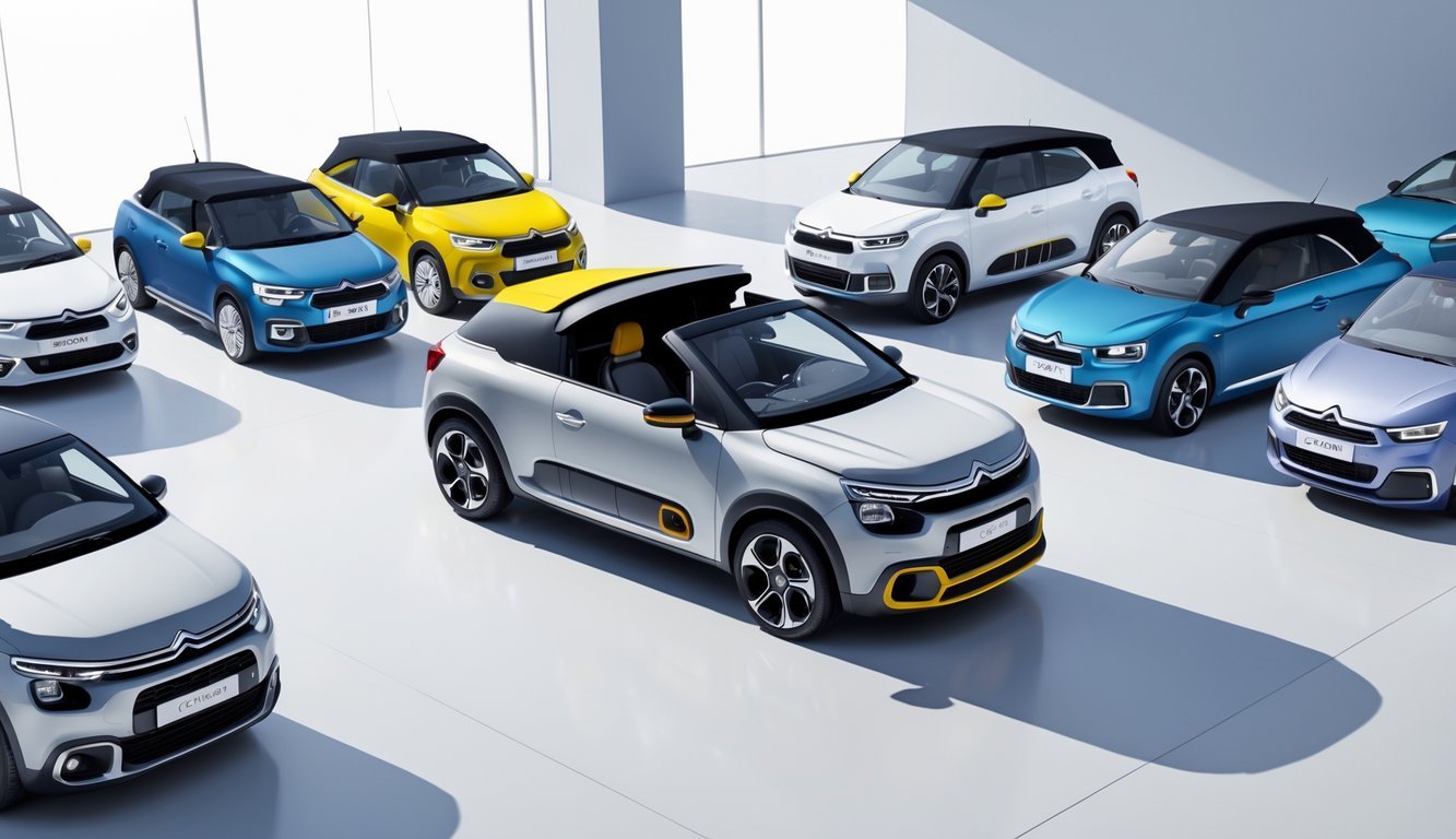 Više kompaktnih kabriolet automobila parkiranih jedan do drugog u suvremenom prostoru, s Citroen C3 Plurielom u sredini s djelomično otvorenim krovom.
