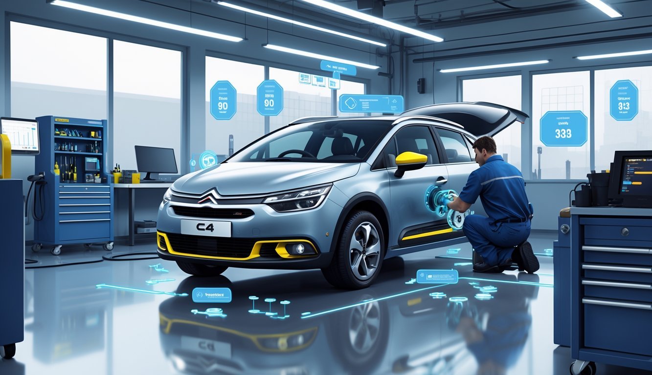 Automobil Citroën C4 1.6 HDi u radionici s mehaničarom koji pregledava motor i istaknutim dijelovima koji često kvare, uz prikaz opreme za servis i cijena.