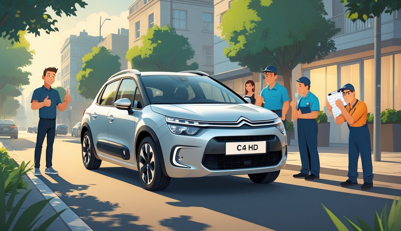 Automobil Citroën C4 1.6 HDi parkiran na gradskom ulici s ljudima oko njega koji pokazuju različita iskustva s vozilom.