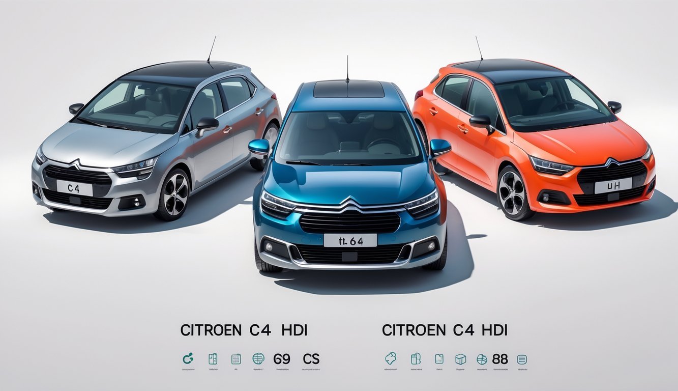 Tri moderna kompaktna automobila postavljena jedan do drugog, s Citroenom C4 1.6 HDi u sredini.