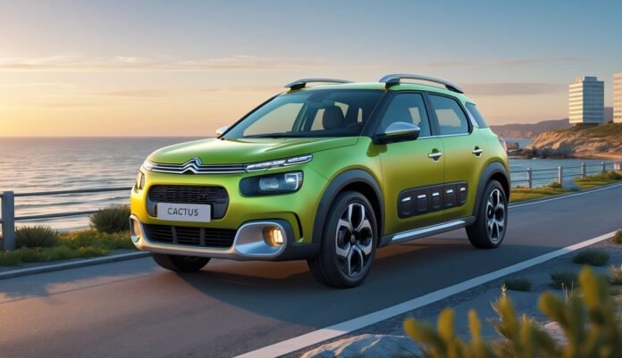 Citroën C4 Cactus parkiran uz obalnu cestu s morem i zgradama u pozadini.