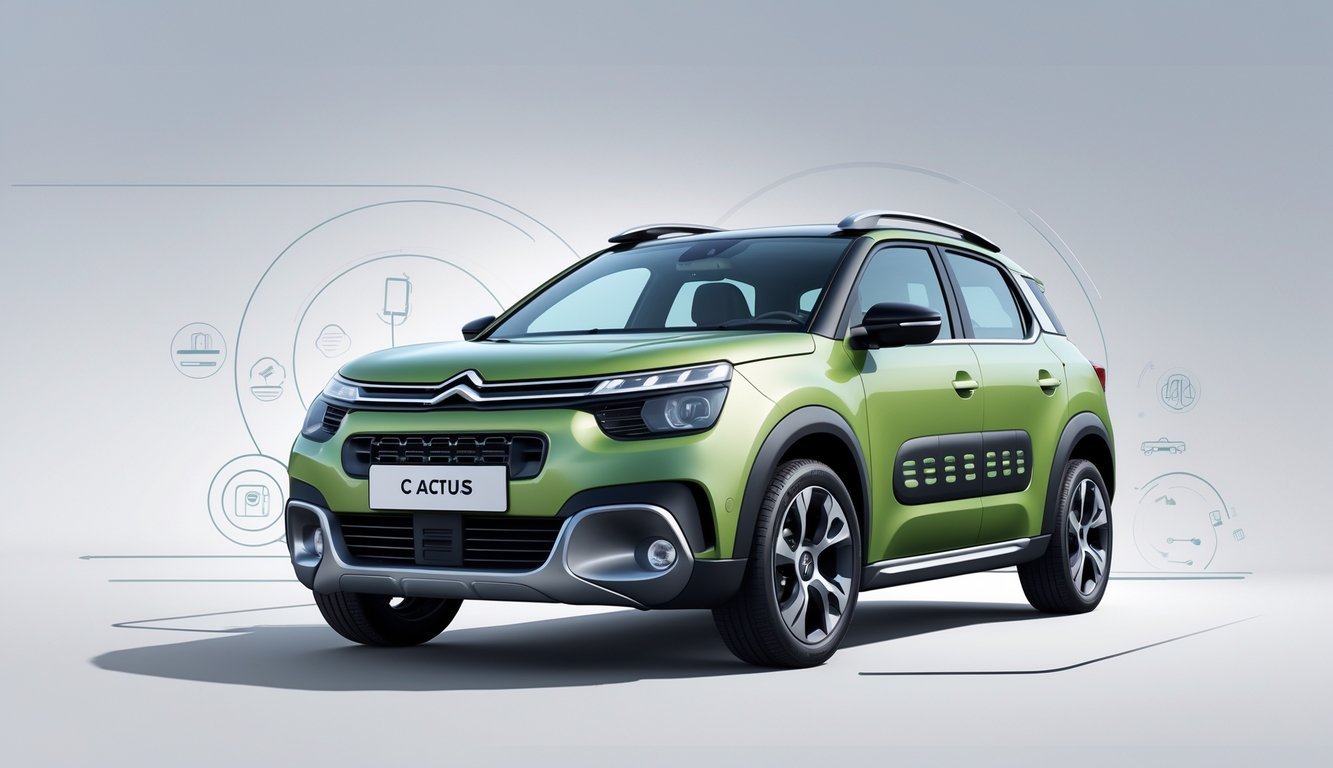 Prikaz modernog Citroën C4 Cactus automobila na jednostavnoj pozadini s grafičkim elementima koji simboliziraju udobnost i tehnologiju.
