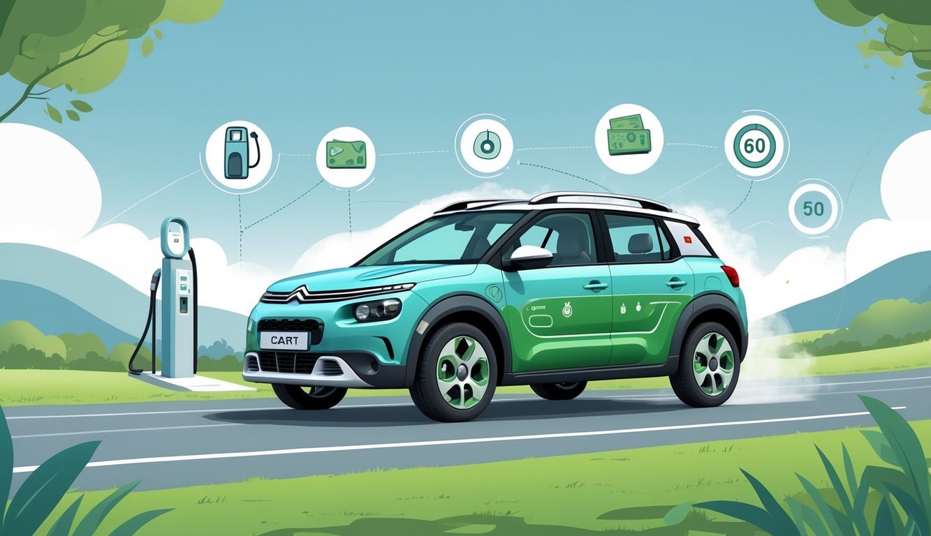 Automobil Citroën C4 Cactus na cesti s ikonama koje prikazuju potrošnju goriva i ukupne troškove vožnje.