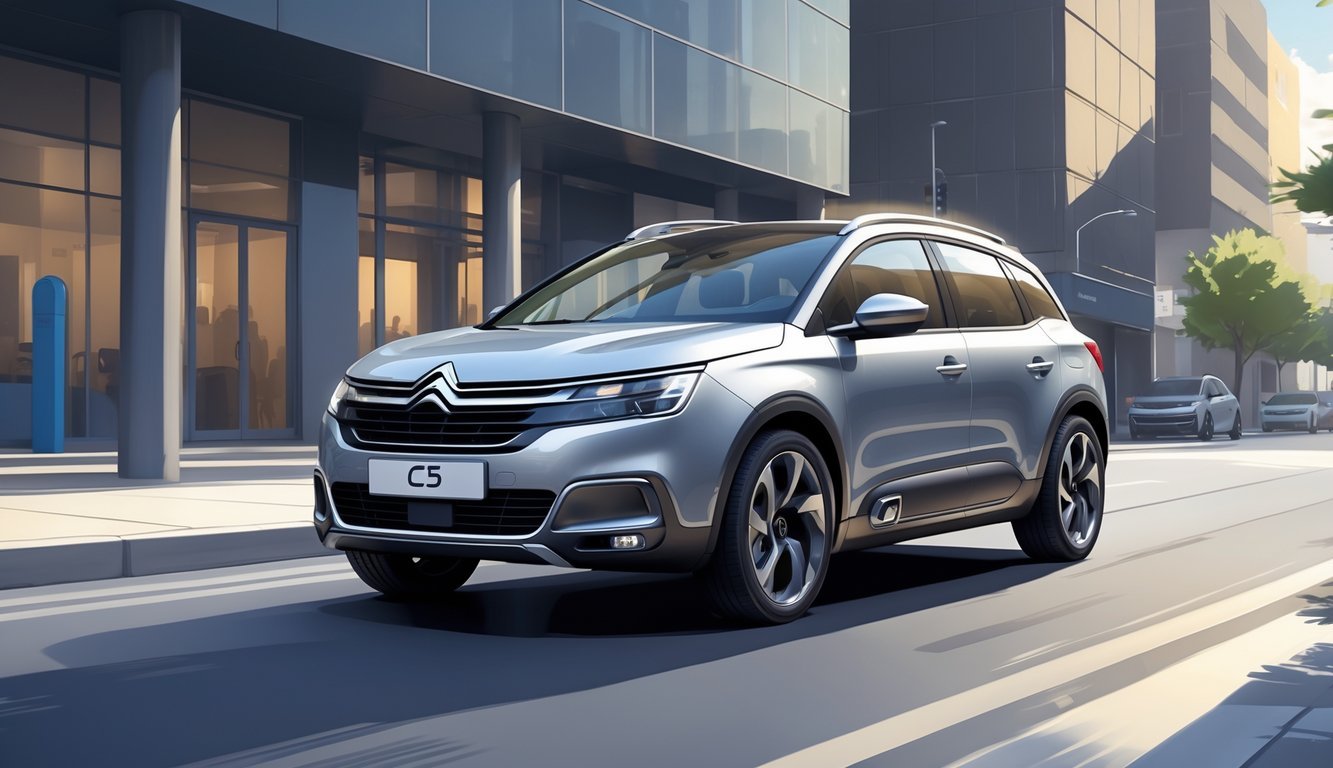 Srebrni Citroën C5 na gradskoj ulici s modernim zgradama u pozadini.