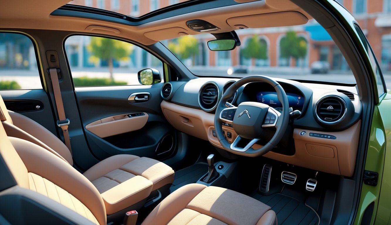 Prikaz Citroën C4 Cactus automobila s otvorenim vratima koji otkrivaju prostrani i udobni unutrašnjost u urbanom okruženju.