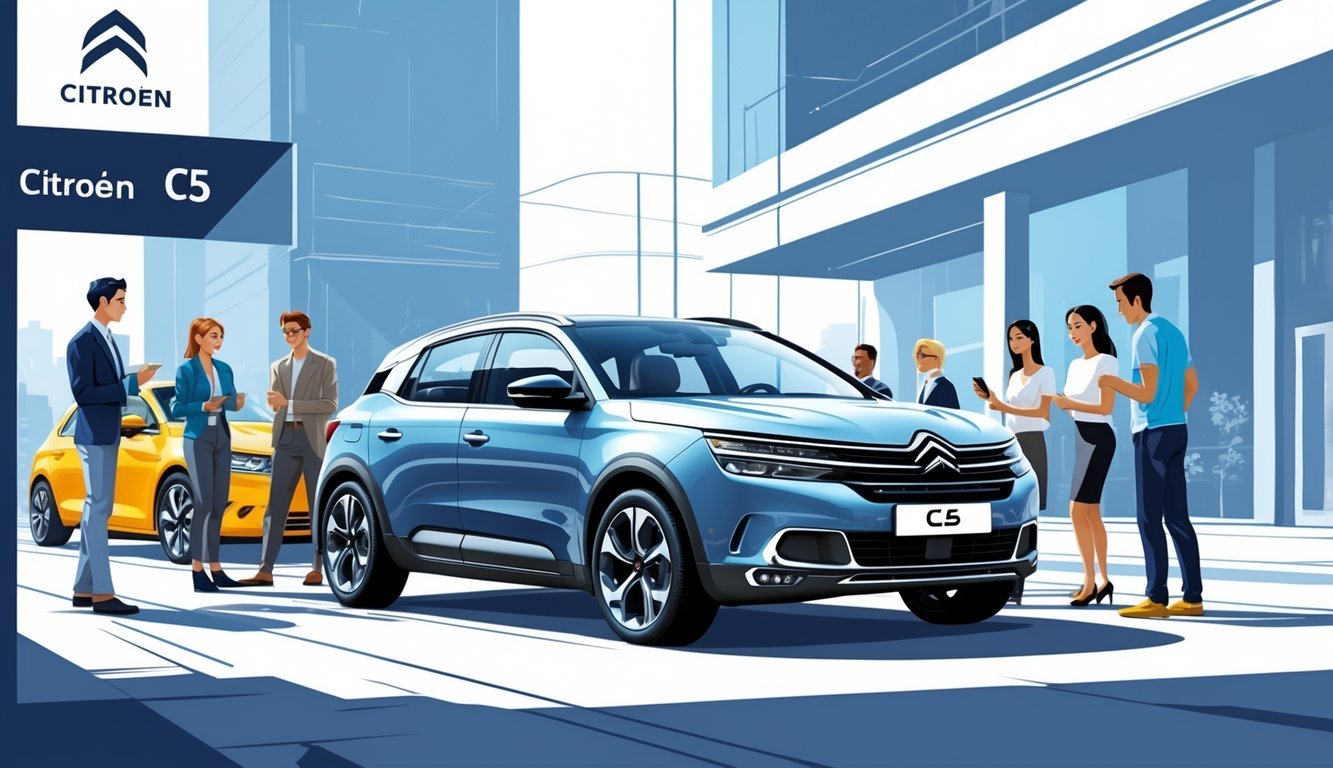 Automobil Citroën C5 parkiran u gradskom okruženju s ljudima koji ga promatraju i razgovaraju oko njega.