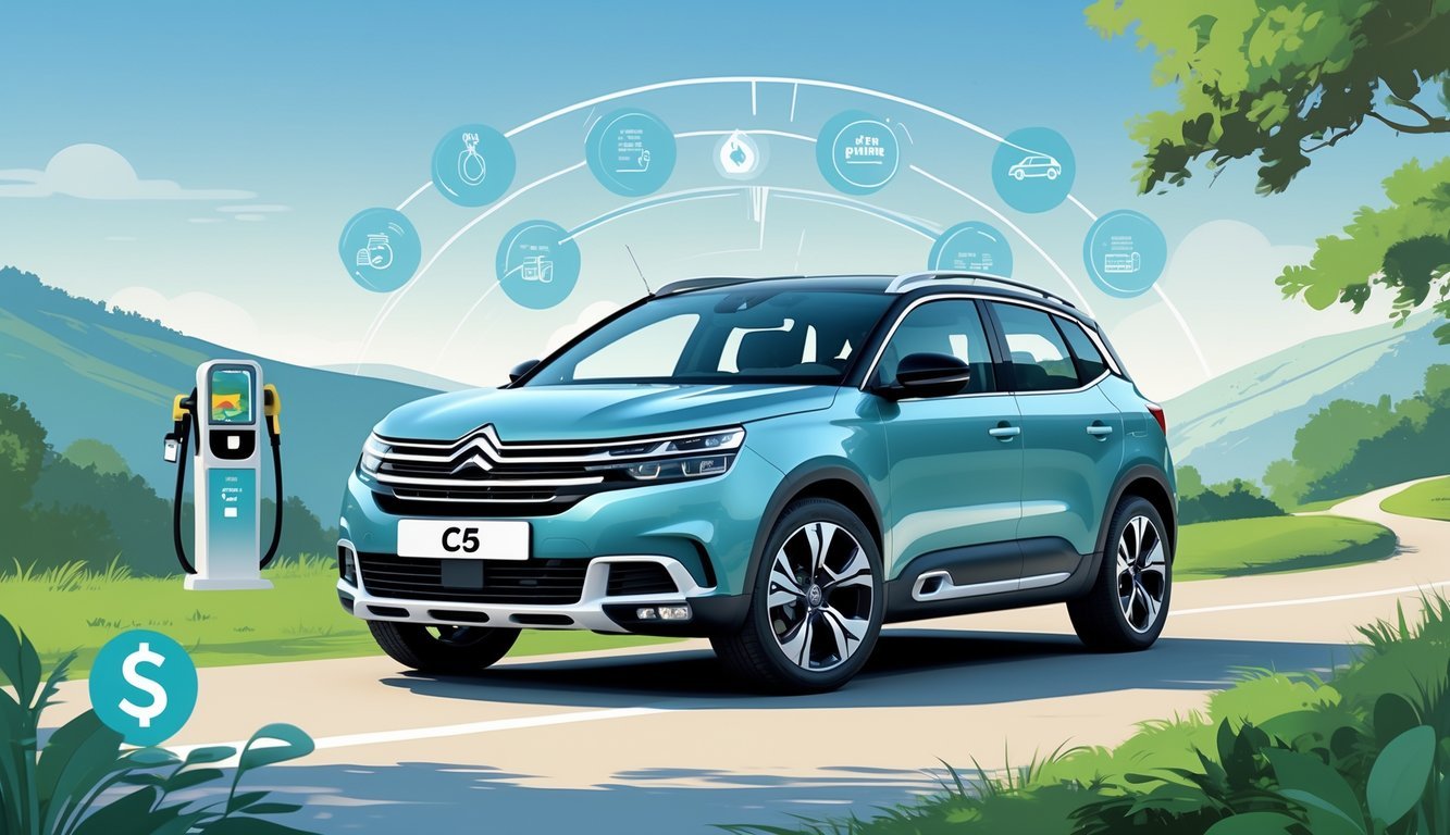 Moderna Citroën C5 automobil parkiran na cesti u prirodi s ikonama koje prikazuju potrošnju goriva i ukupne troškove vožnje.