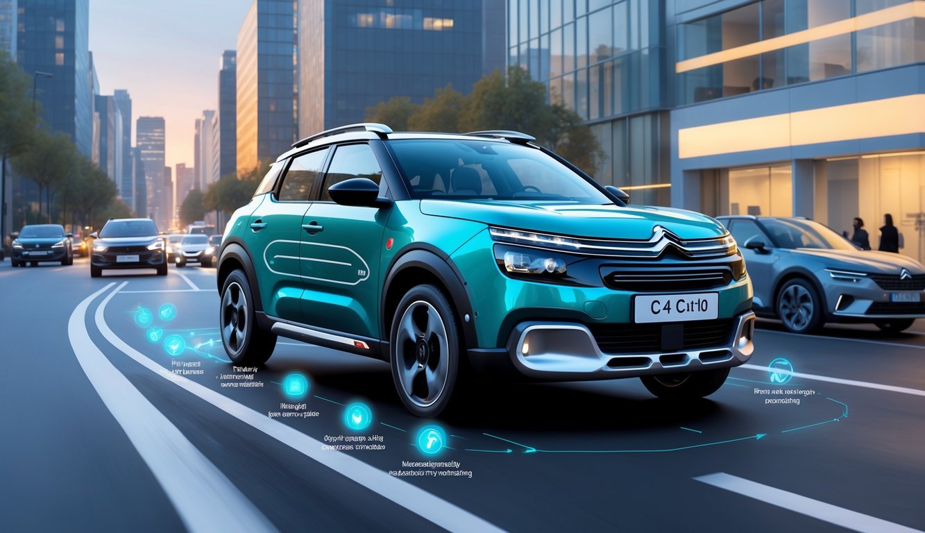 Automobil Citroën C4 Cactus na cesti s prikazom aktivnih sigurnosnih i pomoćnih sustava za vozača.