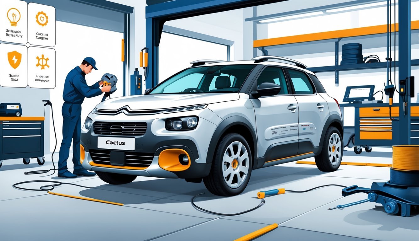 Citroen C4 Cactus u radionici dok mehaničar pregledava motor, okružen alatima i dijelovima automobila.