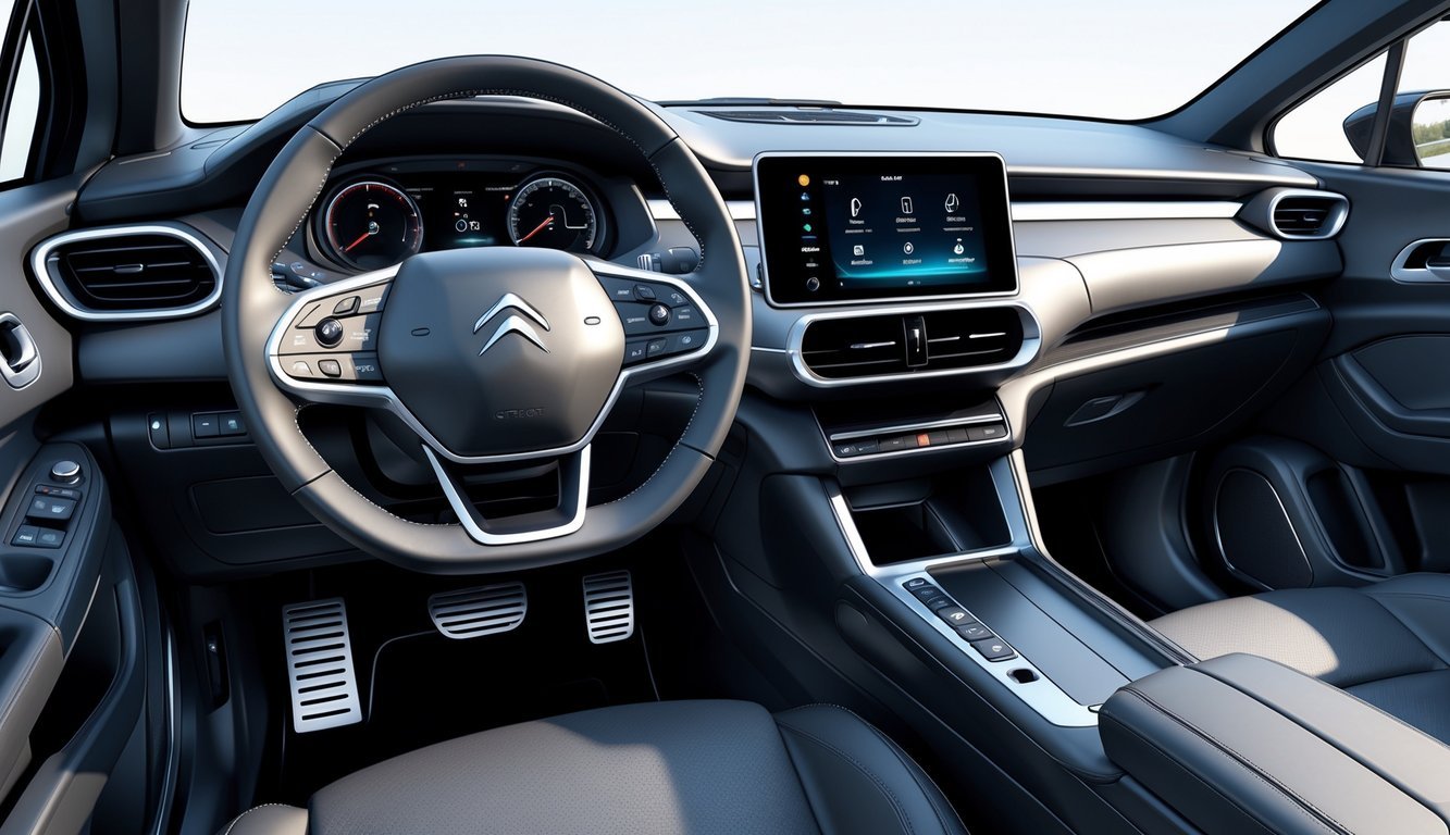 Unutrašnjost Citroën C5 automobila s prikazom upravljačke ploče, sjedala i infotainment sustava.