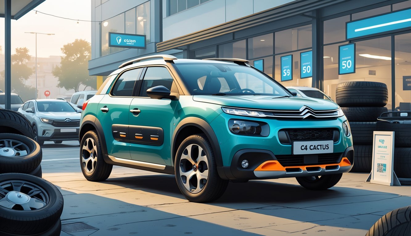 Citroën C4 Cactus parkiran ispred trgovine rabljenih vozila s prikazom opreme i oznakama cijena.