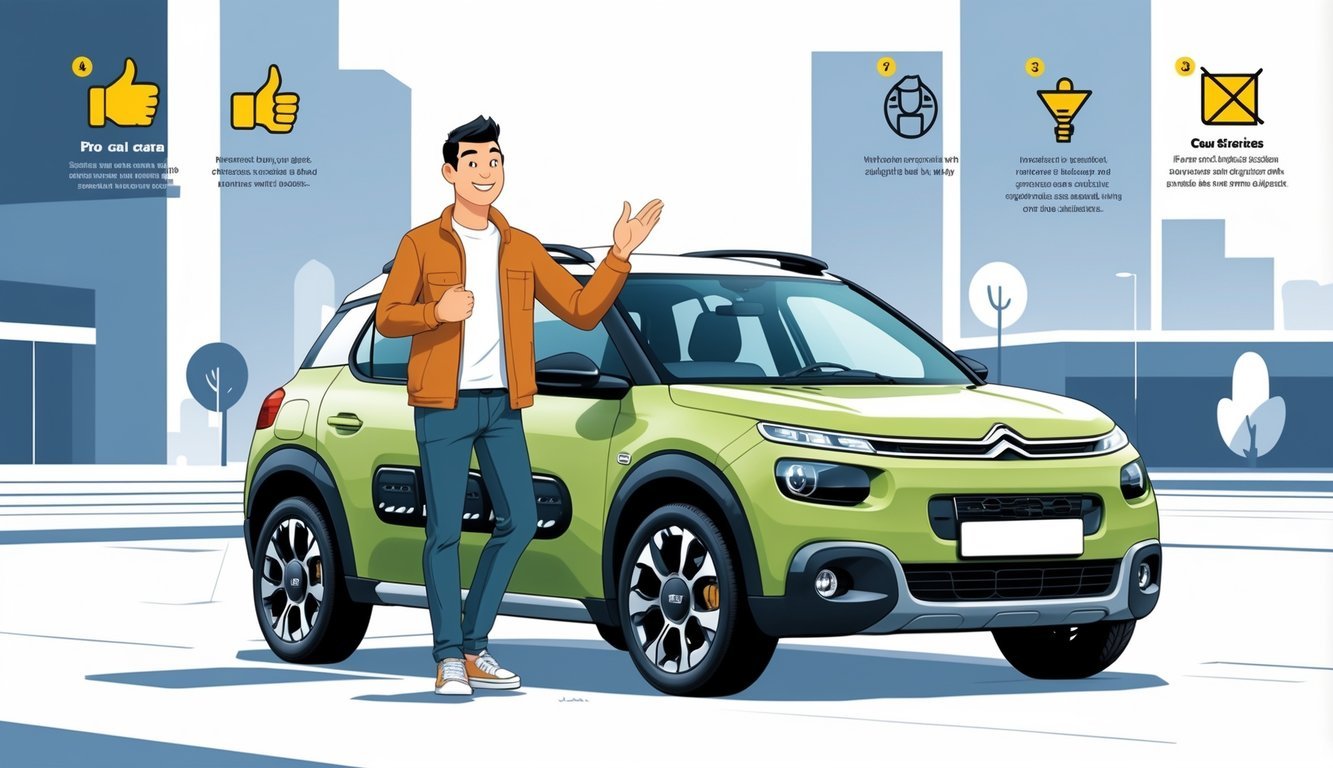 Vlasnik stoji pored Citroëna C4 Cactus u urbanom okruženju, pokazujući zadovoljstvo i iskustvo s automobilom.