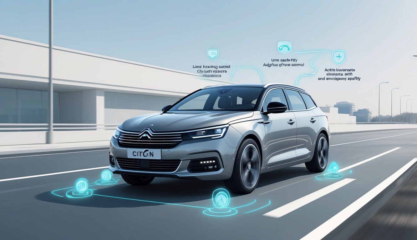 Automobil Citroën C5 na cesti s prikazom aktivnih sigurnosnih sustava i pomoći vozaču.