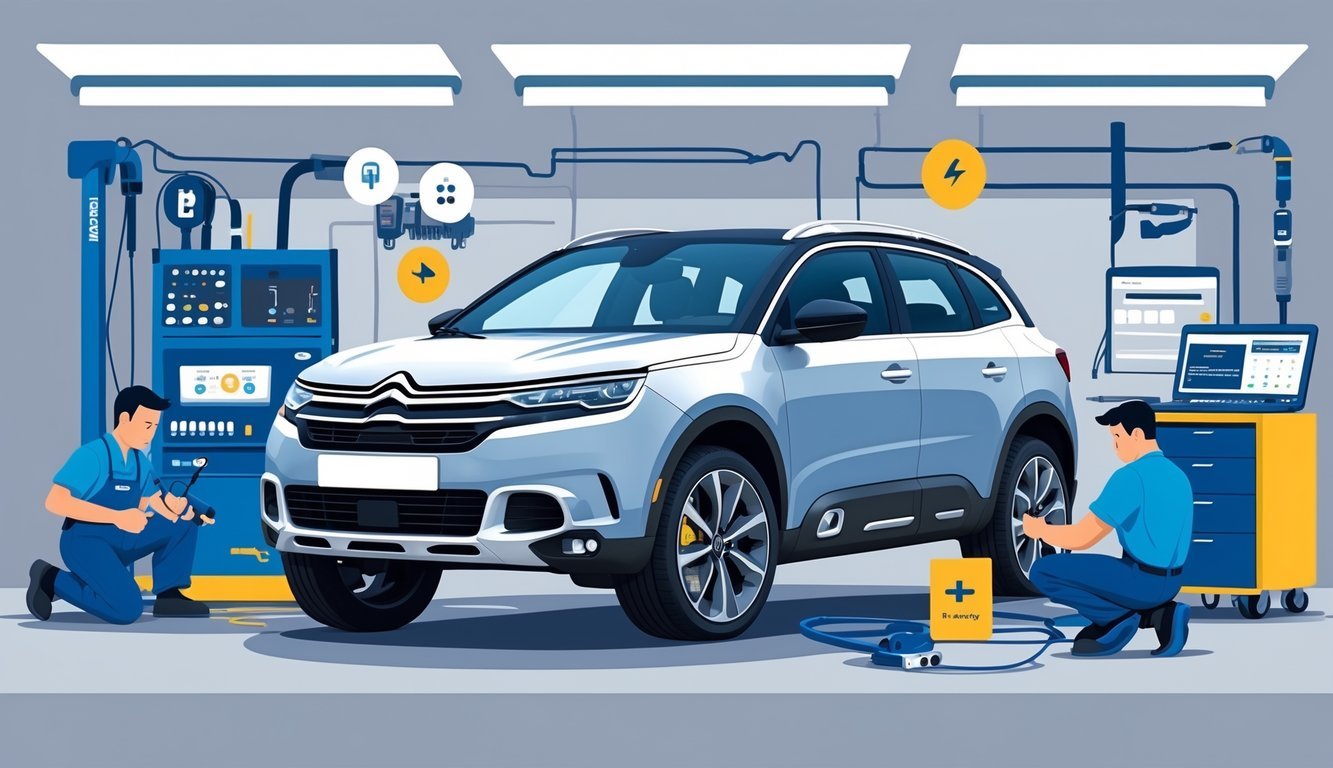 Automobil Citroen C5 okružen ilustracijama tipičnih kvarova i servisnih alata u radionici.