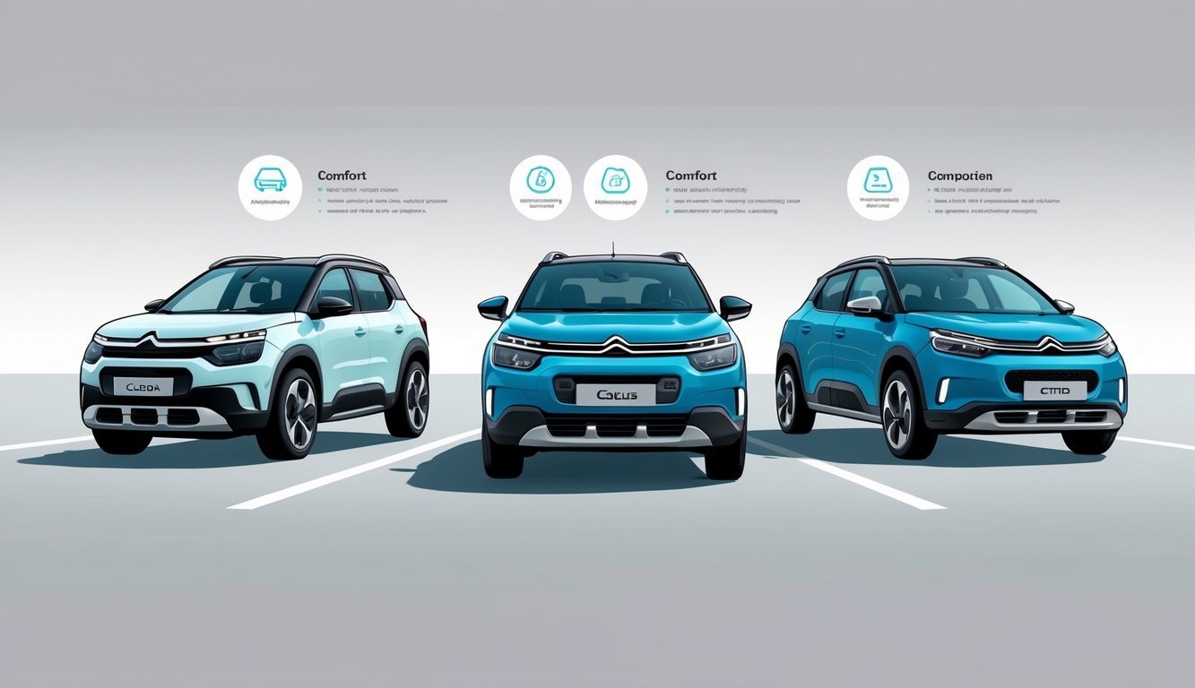 Tri kompaktna SUV vozila postavljena jedno do drugog, s Citroën C4 Cactusom u sredini i dva druga modela s obje strane, prikazana na neutralnoj pozadini.