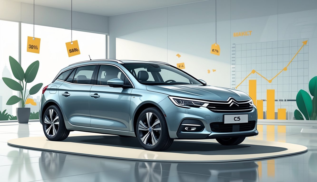 Prikaz rabljenog automobila Citroën C5 u izložbenom prostoru s elementima koji simboliziraju cijene, opremu i tržište.