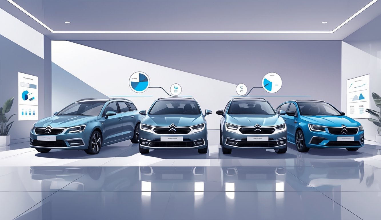 Prikaz nekoliko automobila, uključujući Citroën C5 i njegove konkurente, postavljenih jedan do drugog u suvremenom izložbenom prostoru.