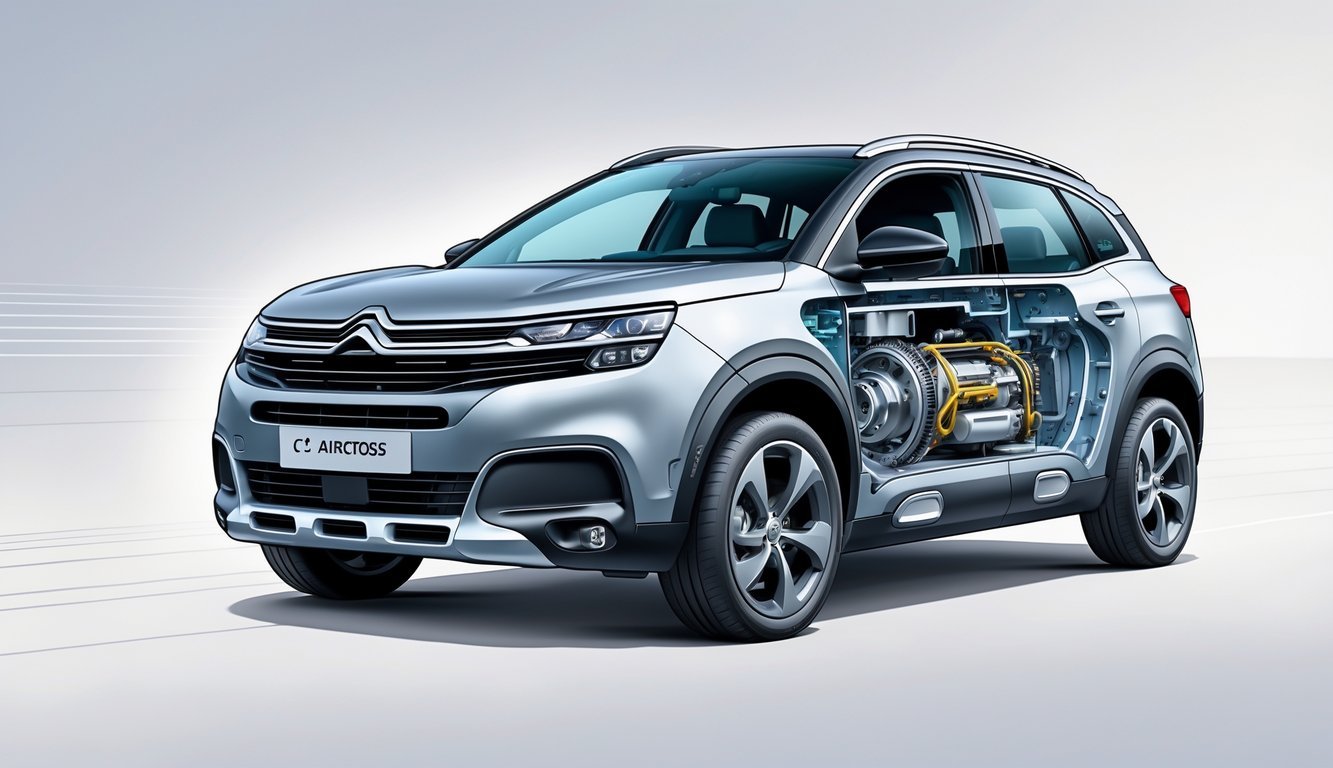 Ilustracija unutarnjih dijelova motora i mjenjača Citroën C5 Aircross s prikazom performansi automobila.