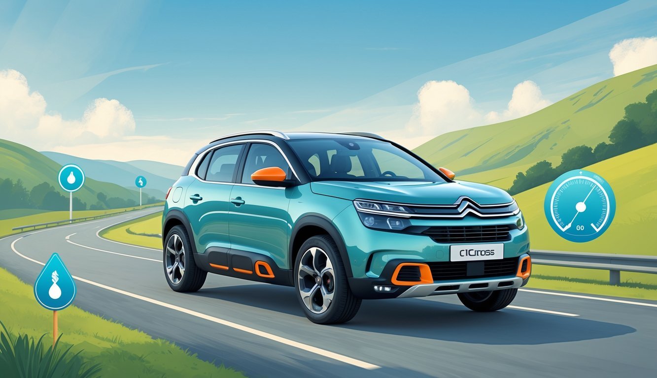 Citroën C5 Aircross na cesti s grafičkim prikazima potrošnje goriva i ukupnih troškova vožnje.