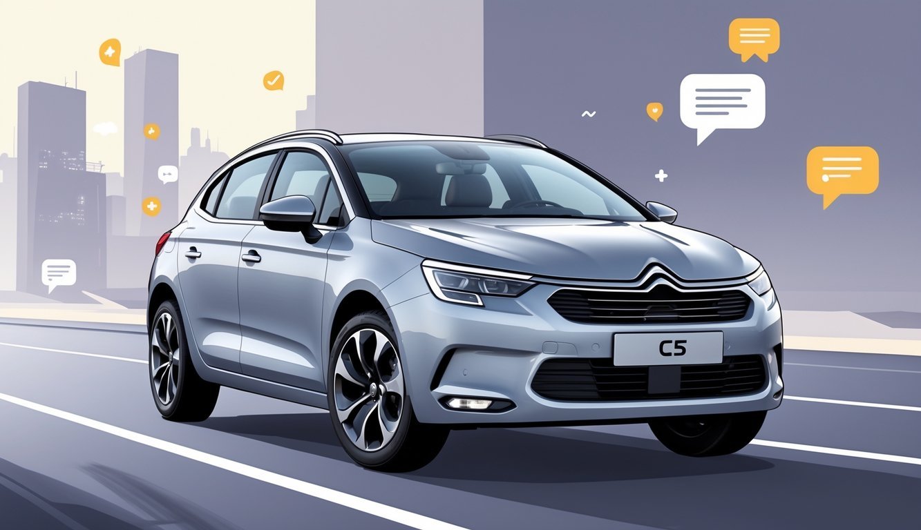 Prikaz automobila Citroën C5 1.6 HDi na cesti s urbanom pozadinom i simbolima korisničkih iskustava oko vozila.