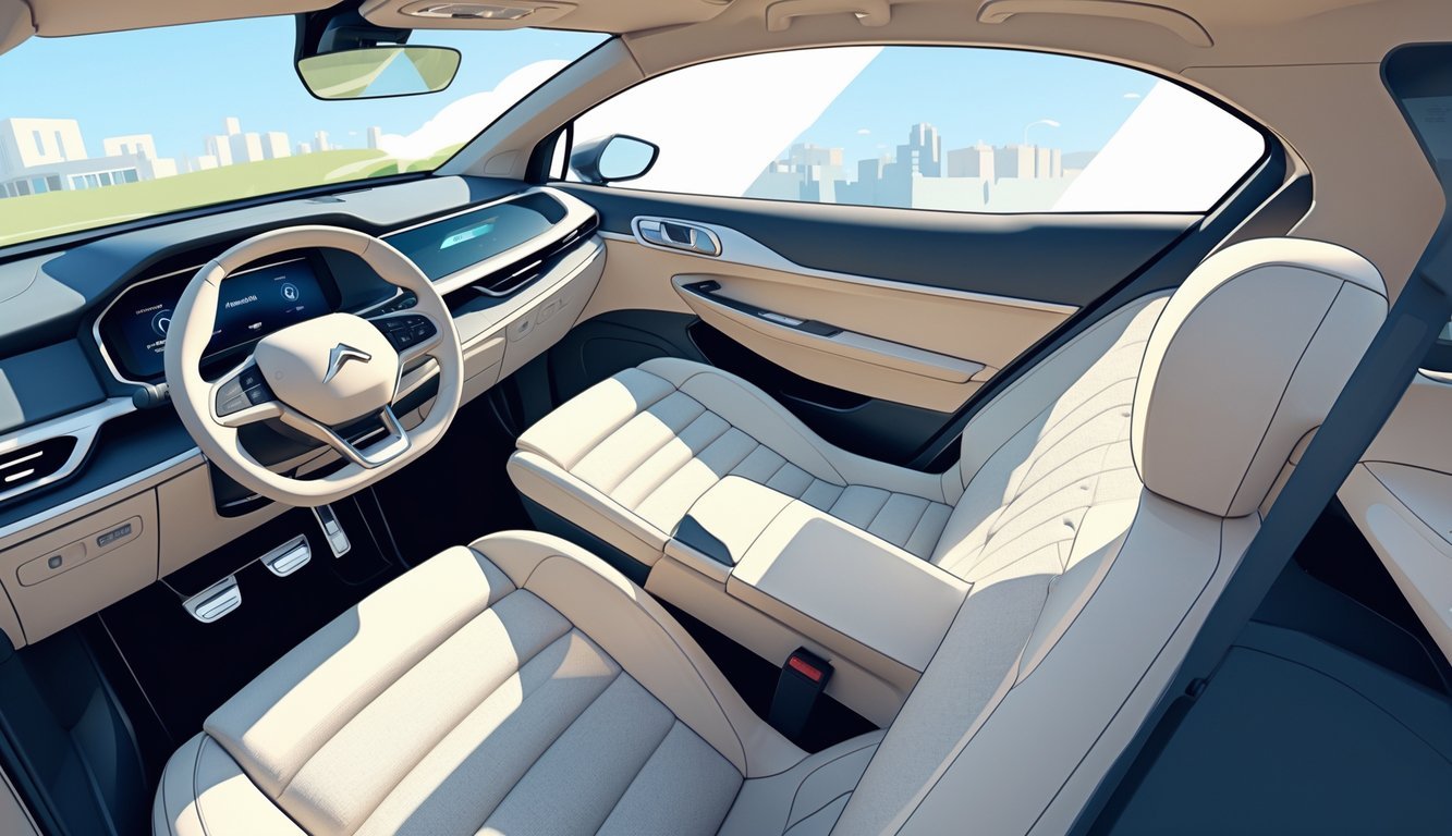 Unutrašnjost Citroëna C5 Aircross s udobnim sjedalima, prostranim prostorom i praktičnim spremištima, s pogledom na gradski kraj kroz prozore.