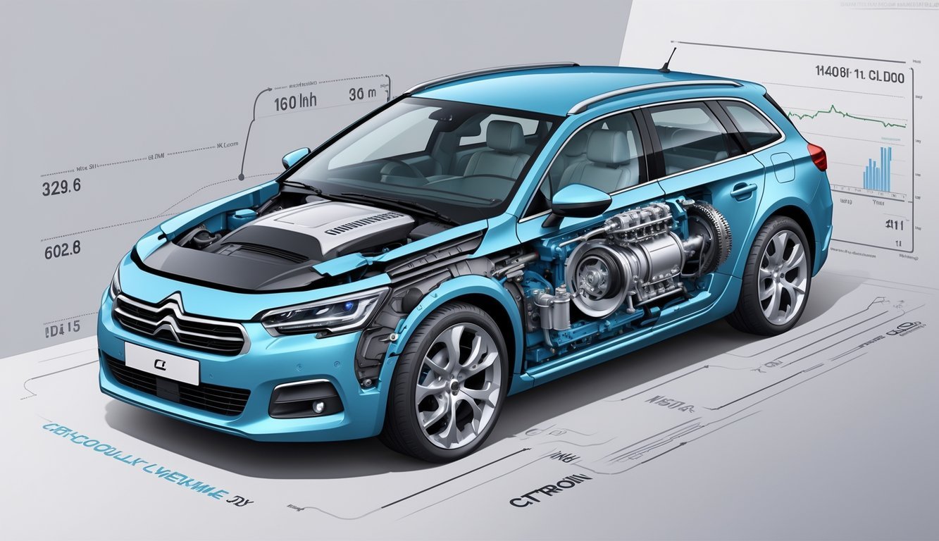 Tehnički prikaz motora i mjenjača Citroën C5 1.6 HDi s vidljivim unutarnjim dijelovima i mehaničkim komponentama.
