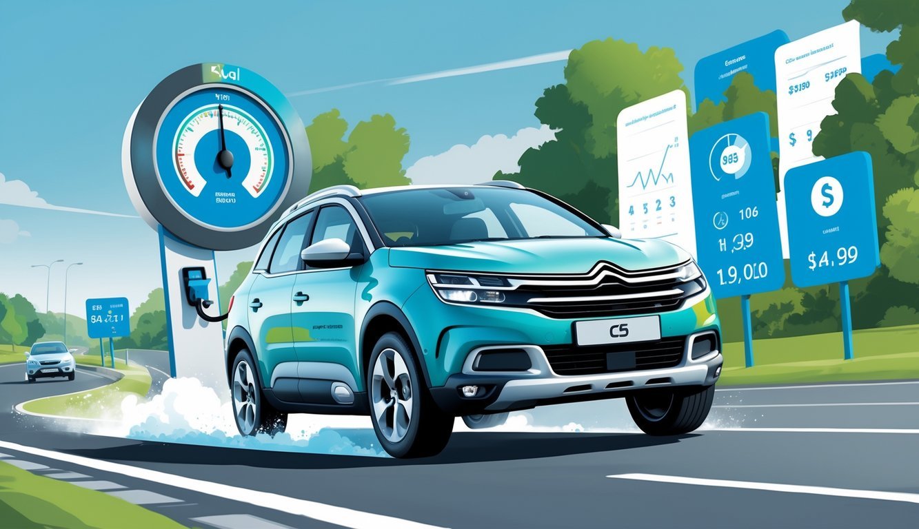 Automobil Citroën C5 1.6 HDi na cesti s elementima koji prikazuju potrošnju goriva i ukupne troškove vožnje.