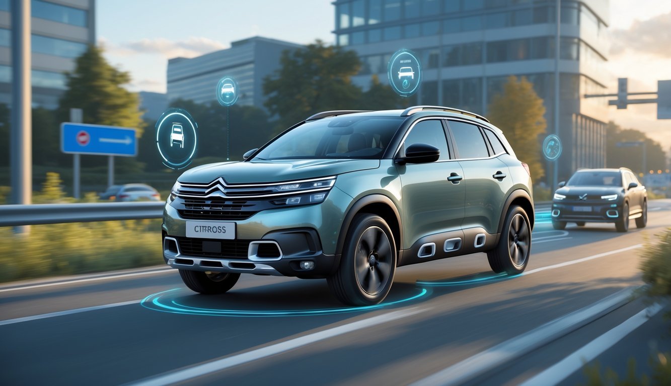 Automobil Citroën C5 Aircross na cesti prikazan s ikonama sigurnosnih i pomoćnih sustava vozaču.