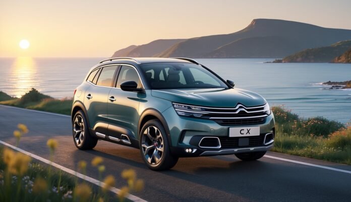 Citroën C5 X automobil parkiran na obalnoj cesti uz more i brda u pozadini.