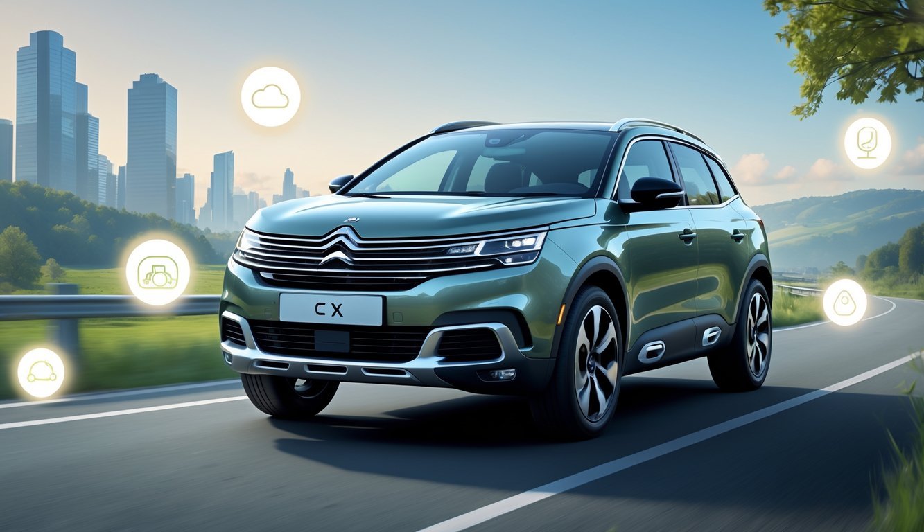 Automobil Citroën C5 X na cesti između grada i prirode, okružen simbolima udobnosti, tehnologije i sigurnosti.