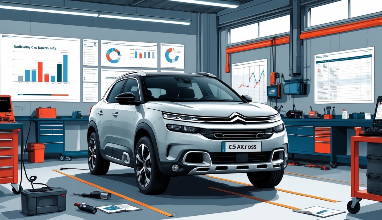 Citroen C5 Aircross u automehaničarskoj radionici s alatima i dijagnostičkom opremom, okružen grafikonima i tehničkim detaljima.