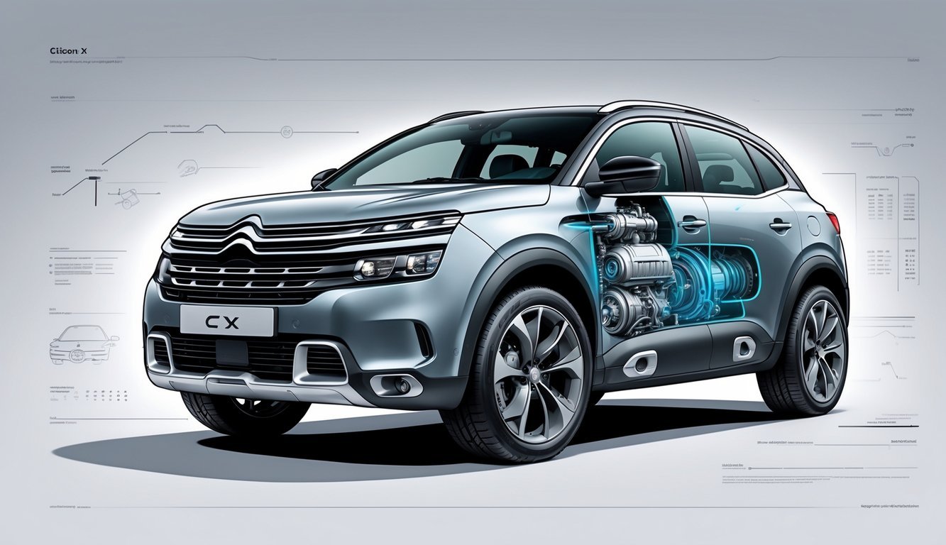 Automobil Citroen C5 X s prikazom motora i mjenjača kroz prozirne dijelove karoserije.