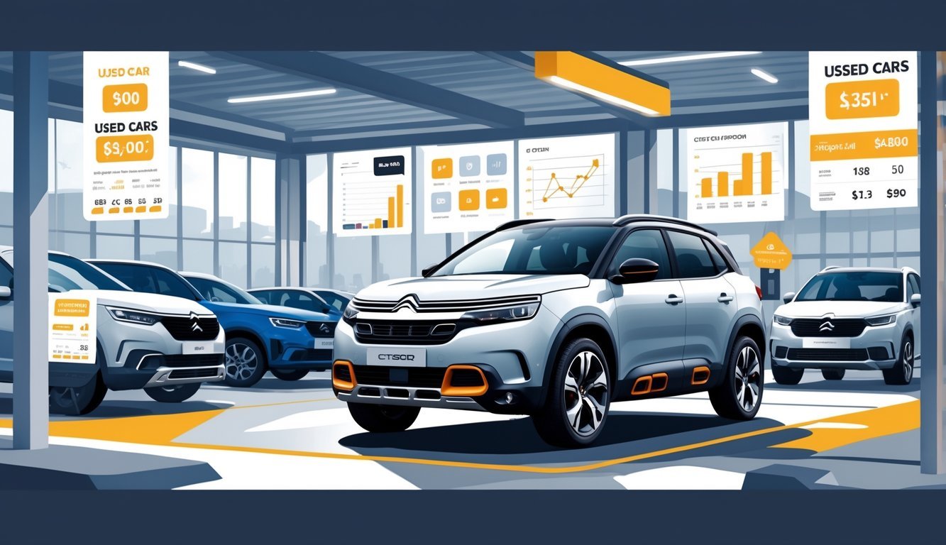 Citroen C5 Aircross parkiran ispred automobilske prodavaonice s prikazom oznaka cijena i opreme.