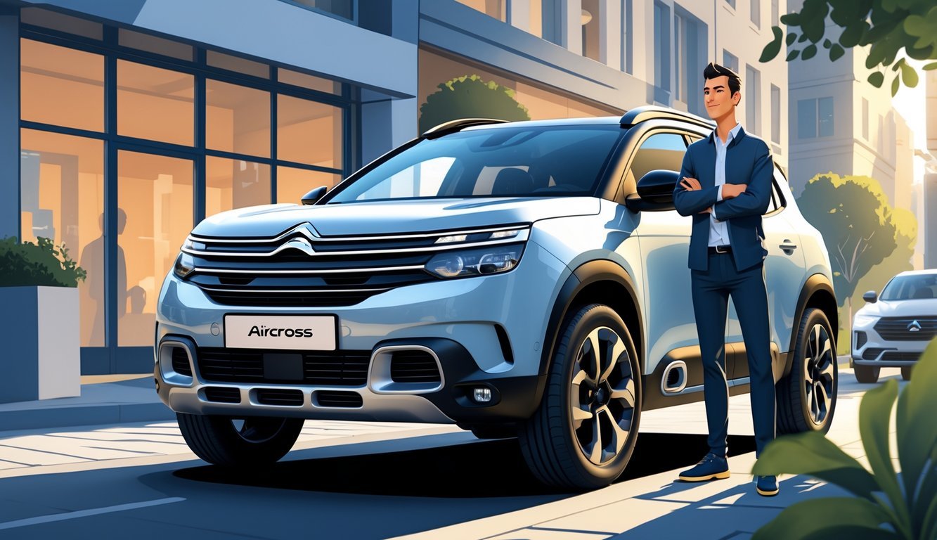 Vlasnik stoji pored Citroena C5 Aircross u gradskom okruženju.