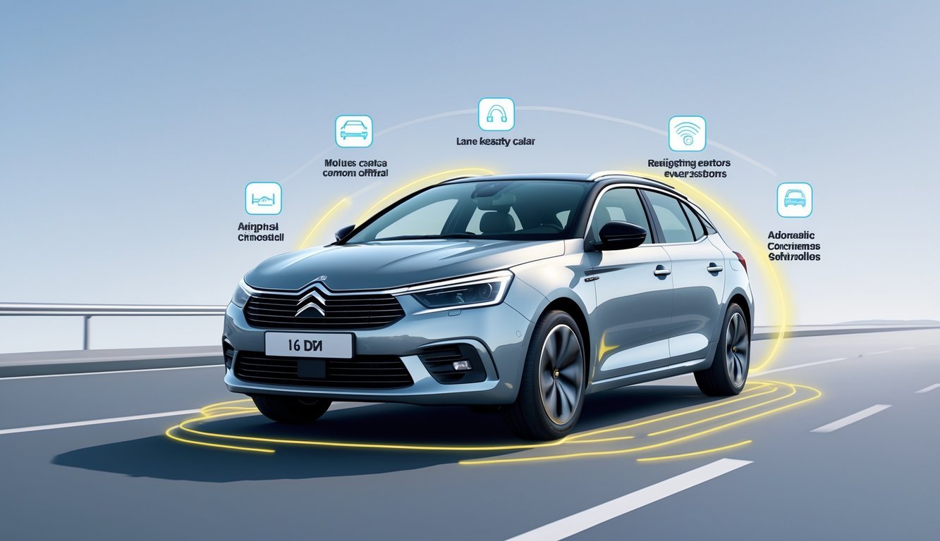 Automobil Citroën C5 1.6 HDi na cesti s prikazom sigurnosnih i pomoćnih sustava za vozača.