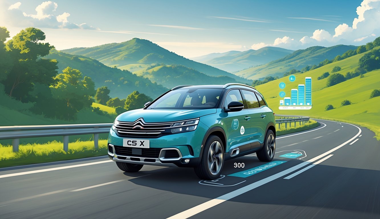 Automobil Citroën C5 X na cesti okružen zelenilom i brežuljcima s prikazom elemenata koji simboliziraju potrošnju goriva i troškove vožnje.