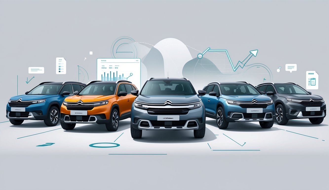 Prikaz usporedbe nekoliko SUV vozila s Citroën C5 Aircrossom u središtu, prikazanih iz blagog kuta s prednje strane, na neutralnoj pozadini.