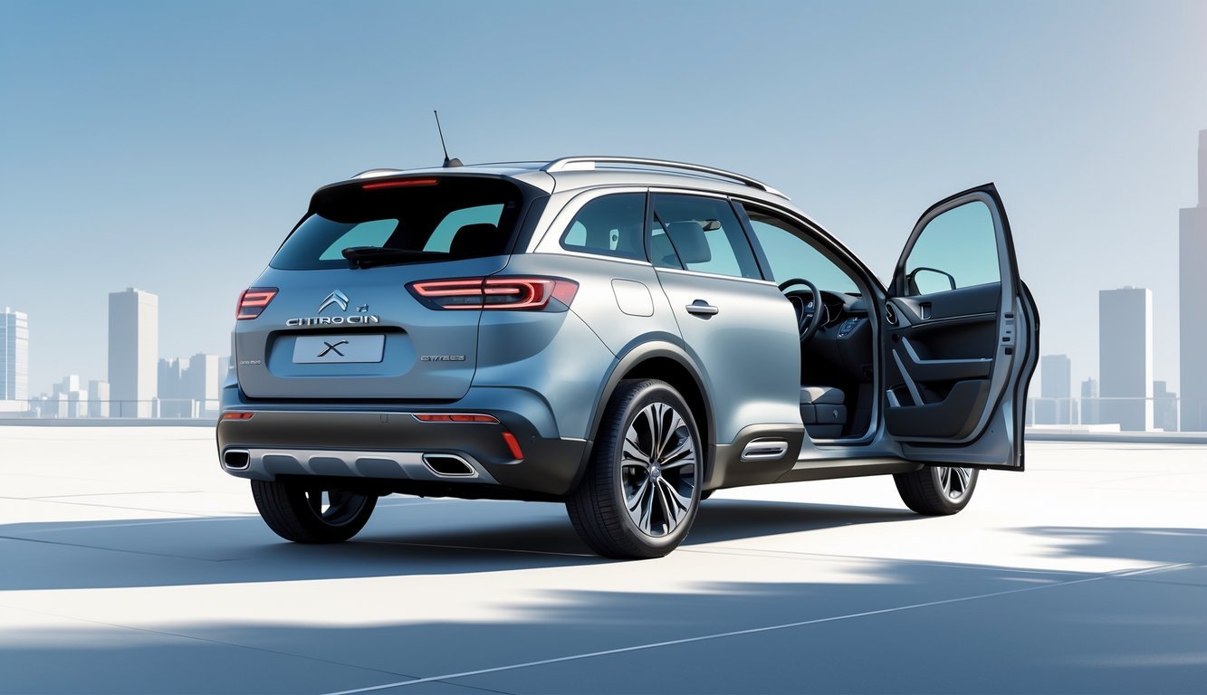 Automobil Citroën C5 X s otvorenim vratima, prikazujući prostran i udoban interijer u urbanom okruženju.