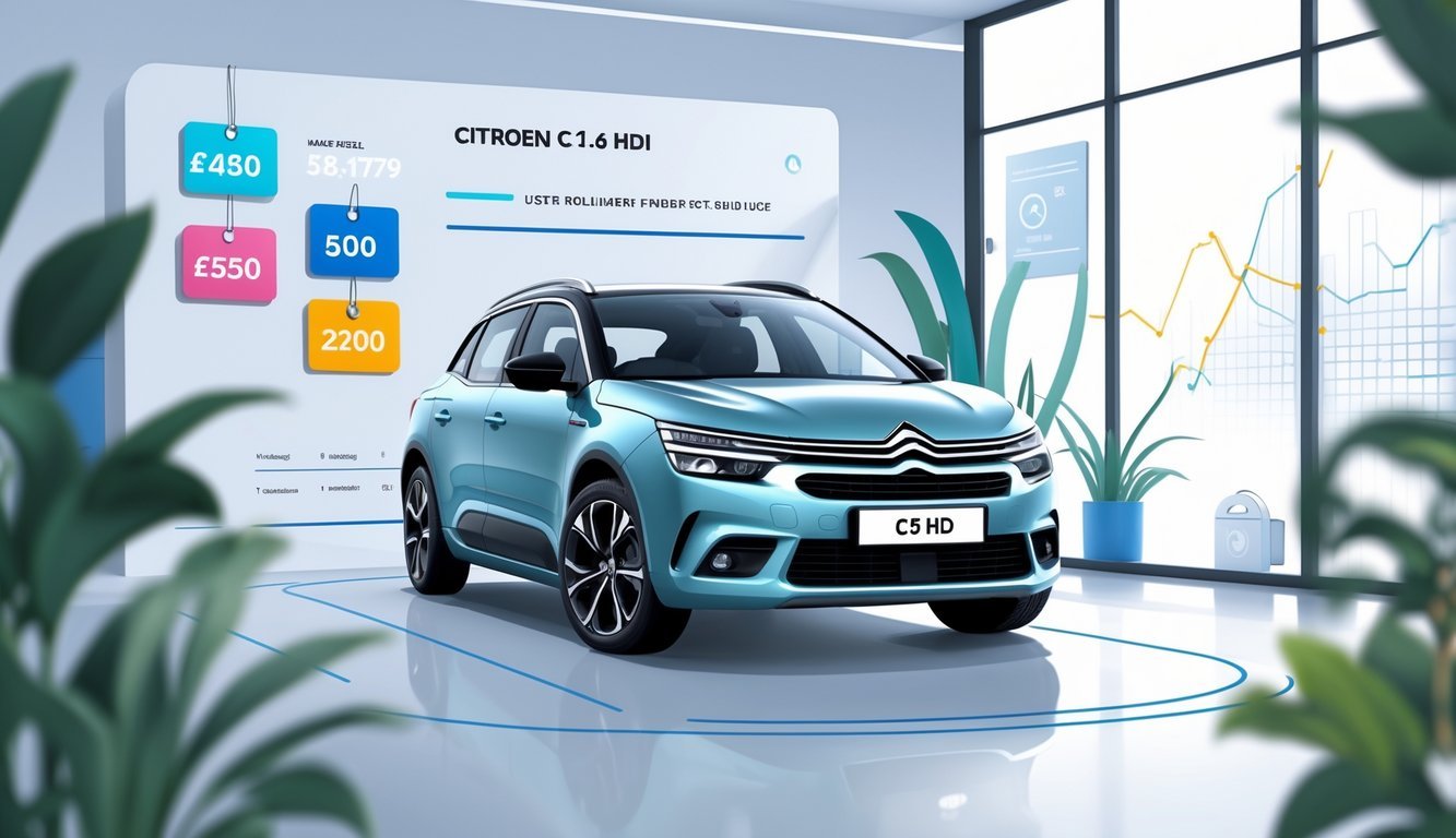 Prikaz rabljenog Citroen C5 1.6 HDi automobila u suvremenom izložbenom prostoru s ikonama opreme i grafikonima tržišnih podataka u pozadini.