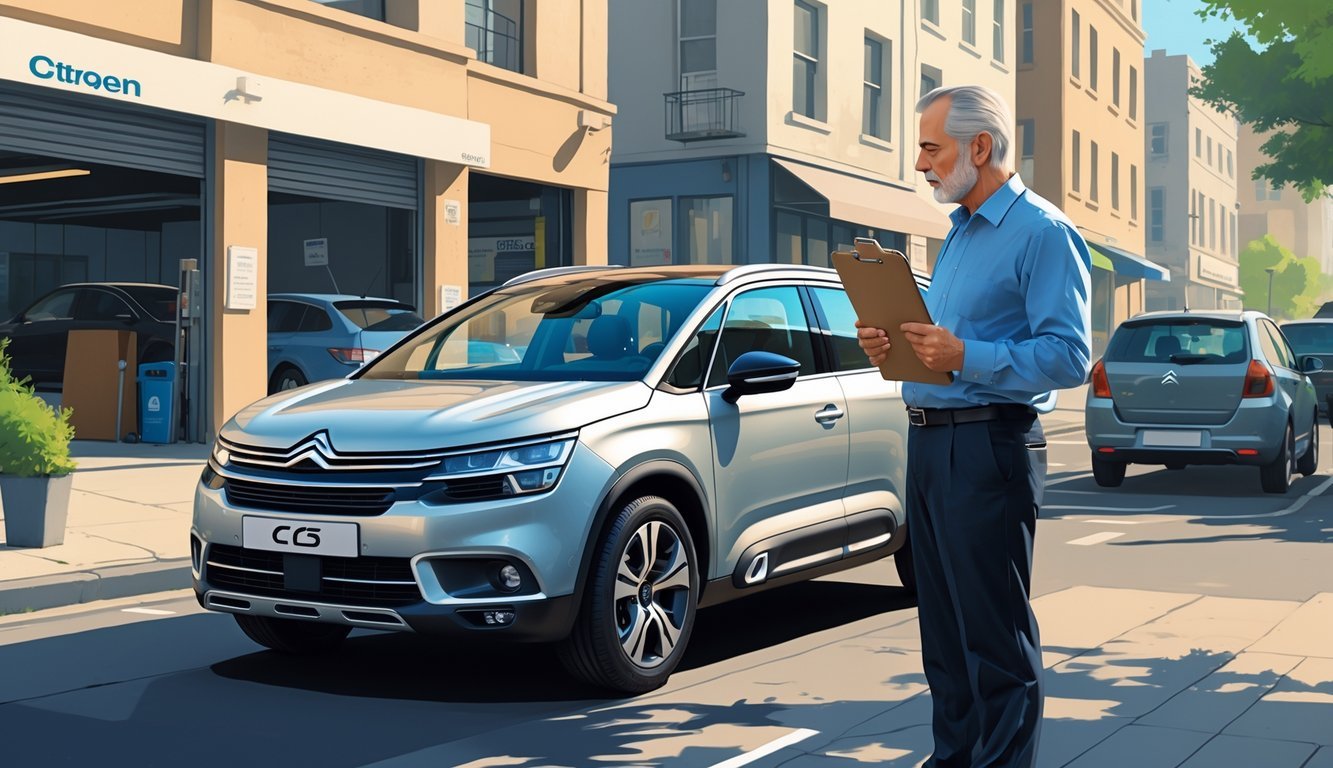 Čovjek stoji pored automobila Citroen C5 1.6 HDi i promišlja dok drži bilježnicu s bilješkama.