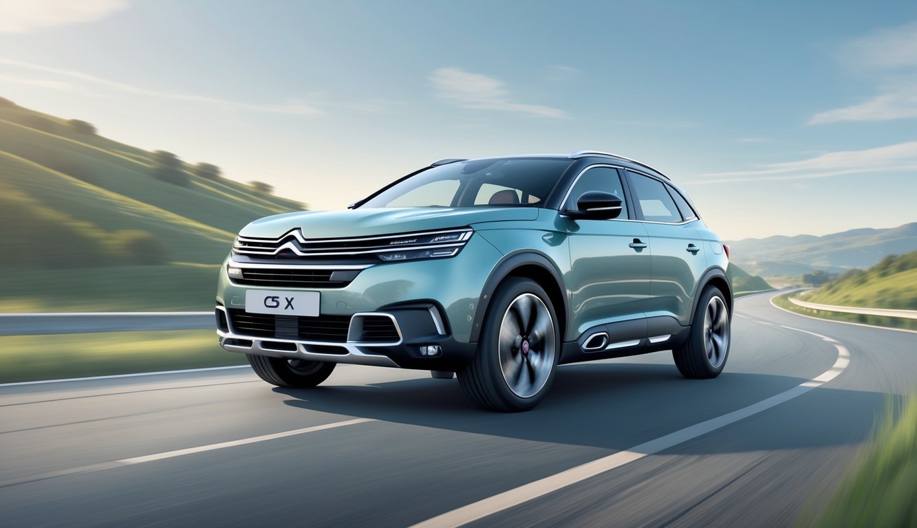 Automobil Citroën C5 X u vožnji po vijugavoj cesti kroz zeleno brežuljkasto područje.