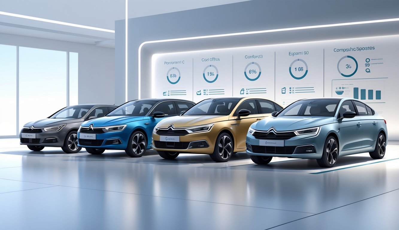 Prikaz nekoliko automobila parkiranih jedan do drugog u salonu, usporedba različitih modela s naglaskom na Citroën C5 1.6 HDi.