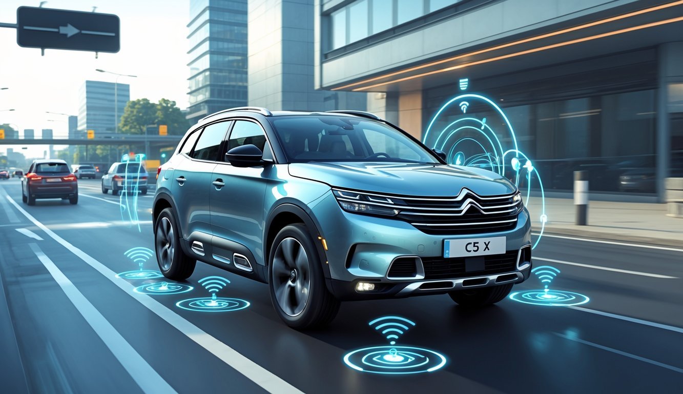 Citroën C5 X na cesti s prikazom senzora i sustava pomoći vozaču u urbanom okruženju.