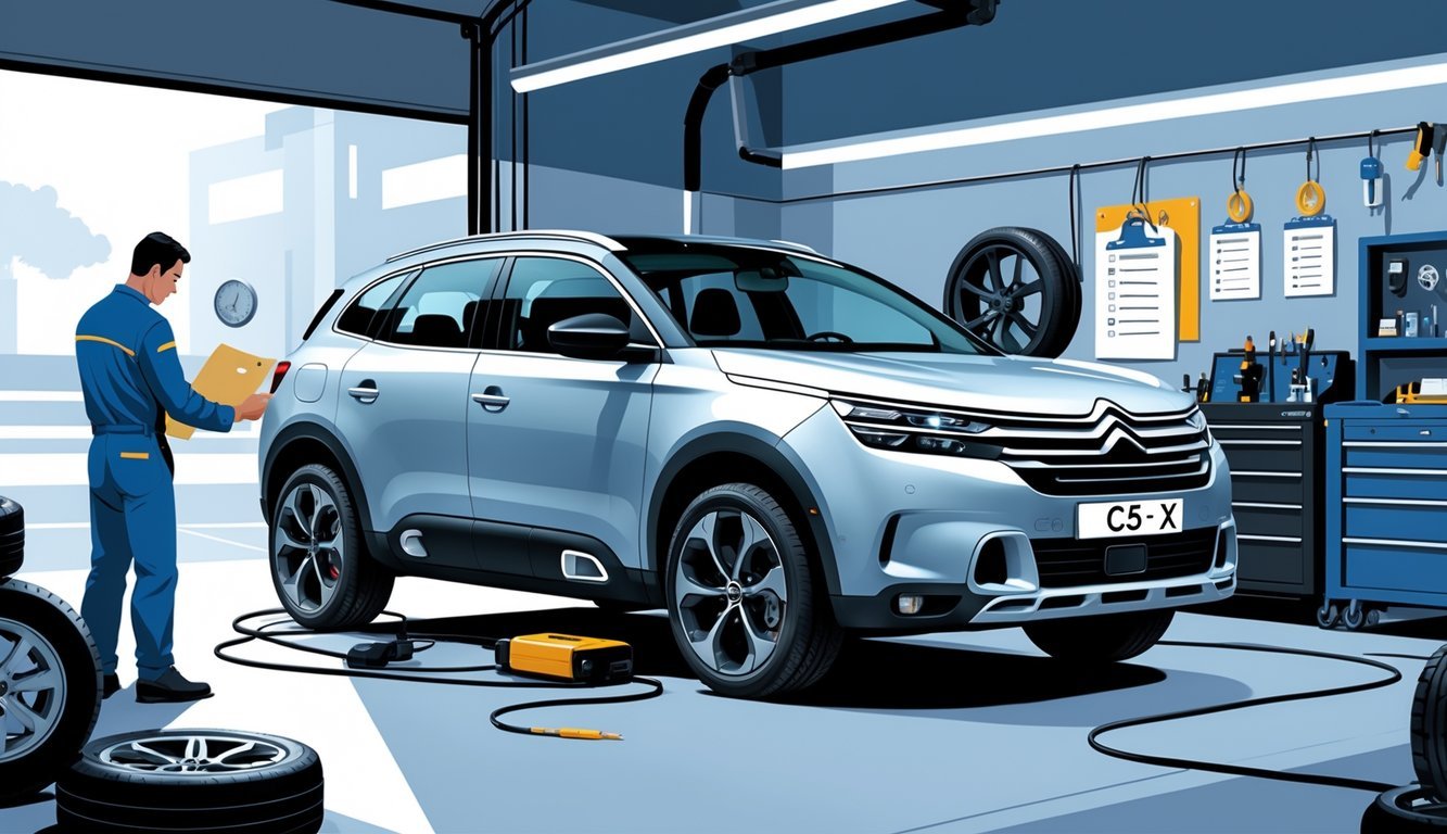 Citroën C5 X u garaži za servis automobila, mehaničar pregledava motor, oko auta simboli tipičnih kvarova i oznaka cijene servisa.