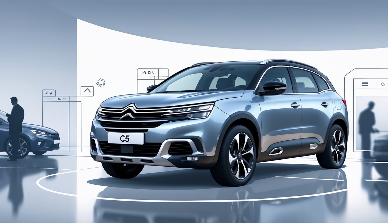 Prikaz rabljenog Citroën C5 X automobila u izložbenom prostoru s prikazom elemenata koji simboliziraju cijene, opremu i tržište.