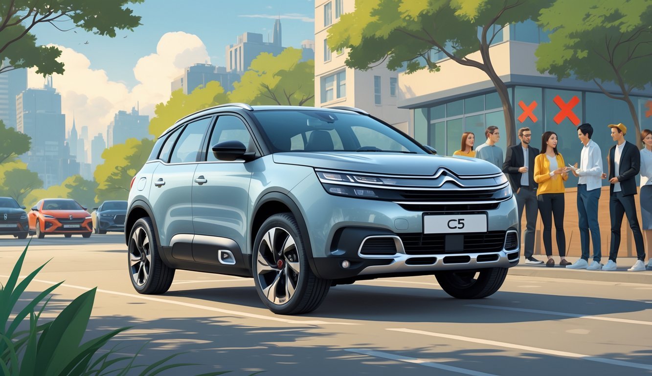 Automobil Citroën C5 X parkiran na uličnoj sceni s ljudima koji razgovaraju oko njega, simbolizirajući prednosti i mane iz prve ruke.