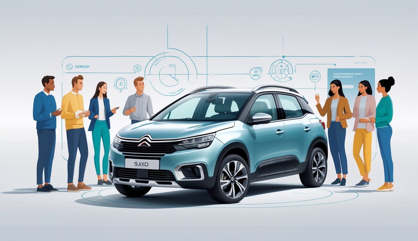 Prikaz Citroëna Saxo 1.5 diesel s nekoliko ljudi oko automobila u svakodnevnoj situaciji.